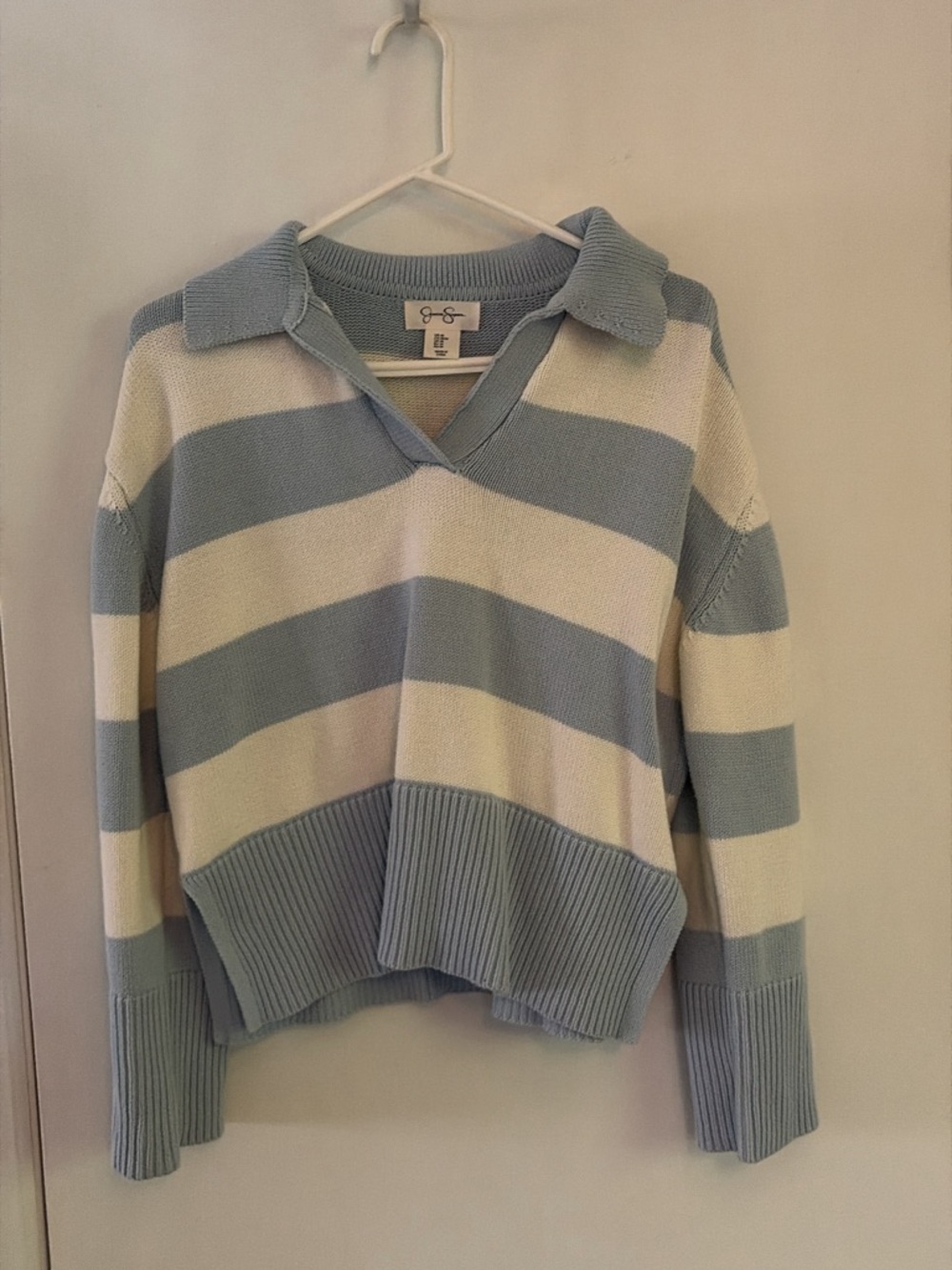 Coastal Blue & Cream Striped V-Neck Collared Sweater
